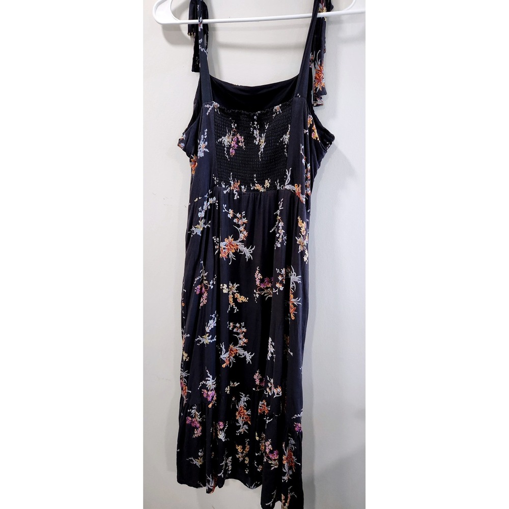 PAIGE Floral Tie Shoulder Midi Dress Black Smocked Back Ruffle Hem Large - Picture 3 of 6